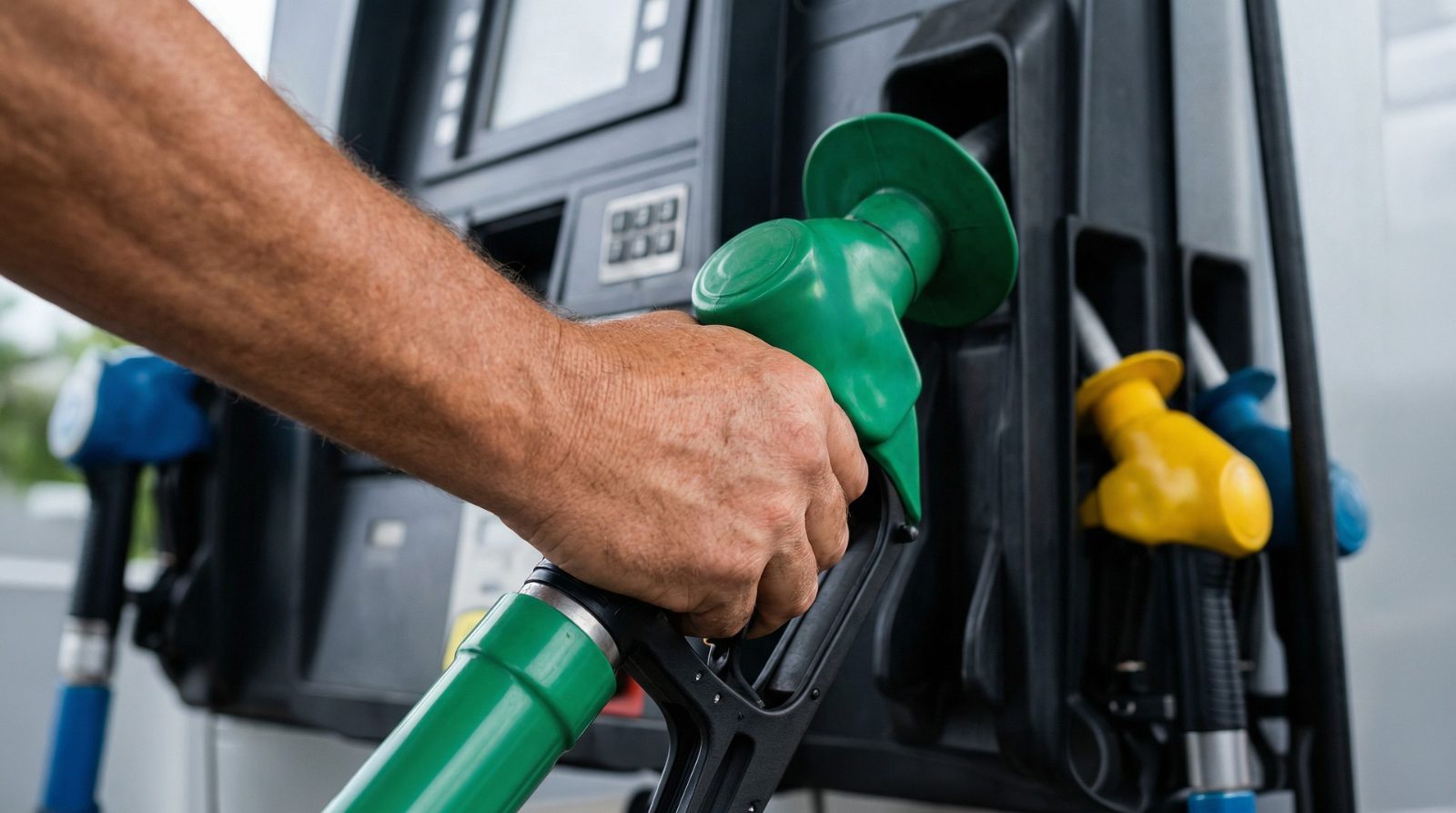 Diesel fuel nozzle refueling a heavy-duty truck, illustrating the impact of fuel prices on transportation costs.